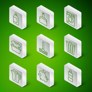 Temizlik malzemesi, su dökülmesi, süpürge, gömlekli leğen, faraş, çamaşır deterjanı ve çöp tenekesi ikonu için bir hat ayarla. Vektör