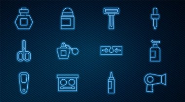 Saç kurutma makinesi, krem veya losyon kozmetik tüpü, tıraş bıçağı, parfüm, makas, akne ve terletici deodorant rulo ikonu. Vektör