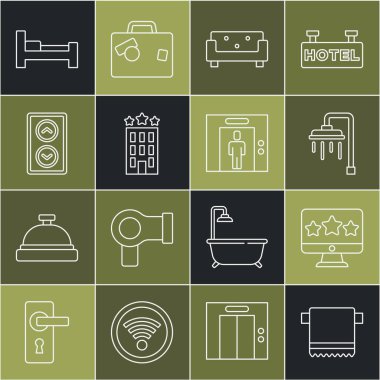 Çizgi havluyu askıya al, beş yıldızlı değerlendirme, duş, kanepe, otel binası, asansör, oda yatağı ve ikon. Vektör