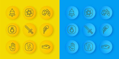 Hamsa el, Mars, Ortaçağ kılıcı, Yılan, Tüy kalem, Çalan alarm zili, Sihirli Taş ve Tarot kartları ikonu. Vektör