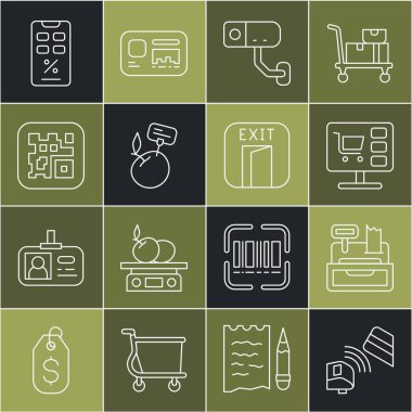POS terminalini kredi kartı, alışveriş arabası bilgisayar, güvenlik kamerası, süpermarket gıda ürünleri fiyat etiketi, QR kodu, yüzde indirim ve mobil çıkış ikonu ile ayarla. Vektör