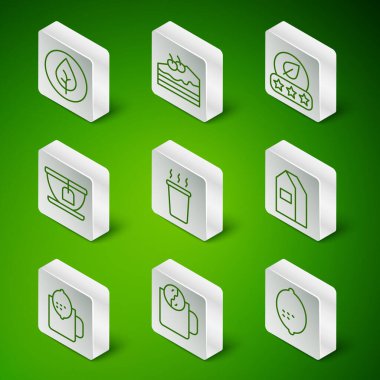 Sıra Lemon, çay saati, yaprak, çay fincanı, poşetli kek, süt ikonu için limon ve kağıt paketi. Vektör