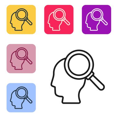 Siyah çizgi beyaz arkaplanda izole edilmiş psikoloji ikonunda bir sorun buluyor. Renkli kare düğmelerle simgeleri ayarla. Vektör.