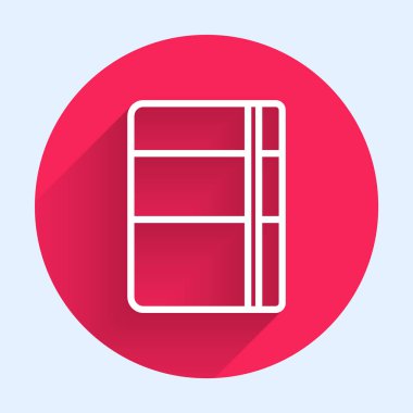 Beyaz çizgi çizim defteri veya albüm simgesi uzun gölgeli izole edilmiş. Kırmızı daire düğmesi. Vektör.