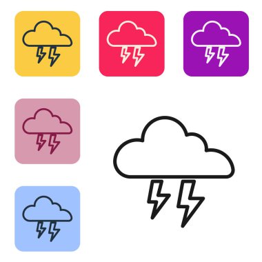 Siyah çizgi Storm simgesi beyaz arkaplanda izole edildi. Bulut ve şimşek işareti. Fırtınanın hava durumu ikonu. Renkli kare düğmelerle simgeleri ayarla. Vektör.