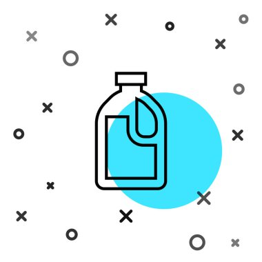 Çamaşır deterjanı, çamaşır suyu, bulaşık deterjanı ya da beyaz arka planda izole edilmiş başka bir temizlik maddesi ikonu için siyah çizgi plastik şişe. Rastgele dinamik şekiller. Vektör.