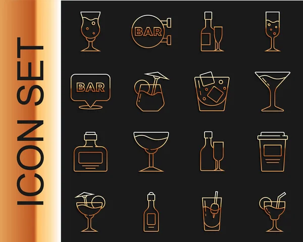 Set Line Cocktail Tasse Café Emporter Verre Martini Bouteille Champagne — Image vectorielle