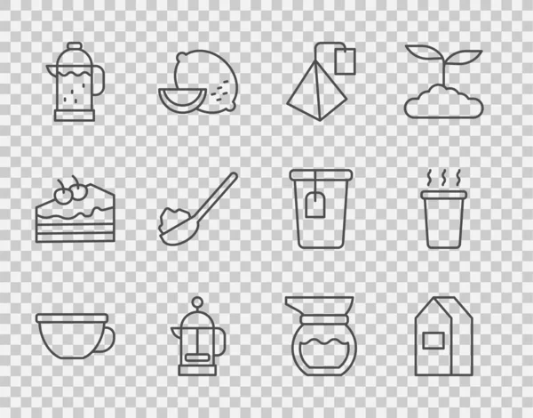 设置系列茶杯 牛奶纸包装 法国出版社 勺子加糖 茶壶和图标 — 图库矢量图片