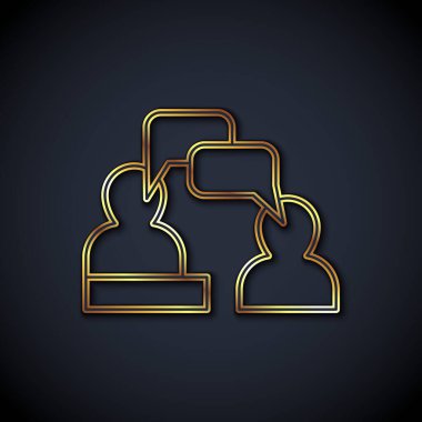Altın çizgisi İki oturan adam konuşan simge siyah arka planda izole. Konuşma balonu sohbeti. İleti simgesi. İletişim ya da yorum sohbet sembolü. Vektör.