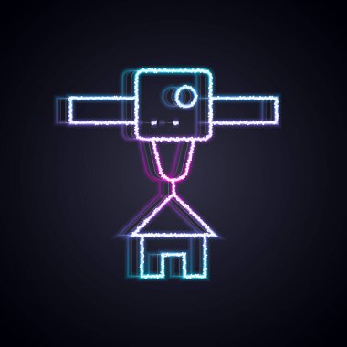 Parlayan neon hattı 3D yazıcı evi simgesi siyah arkaplanda izole edildi. 3D baskı. Vektör.