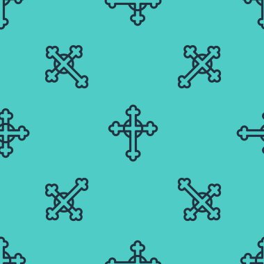 Siyah çizgi Hıristiyan ikonu yeşil arka planda izole edilmiş kusursuz desen. Kilise haçı. Vektör.