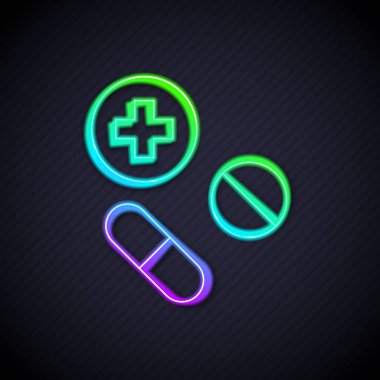 Siyah arkaplanda parlayan neon hattı ilaç veya tablet ikonu. Kapsül hapı ve uyuşturucu işareti. Eczane tasarımı. Vektör.