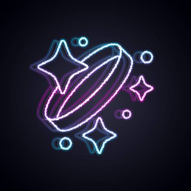 Parlak neon çizgili elmas nişan yüzüğü simgesi siyah arkaplanda izole edildi. Vektör