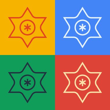 Pop sanat çizgisi düşen yıldız simgesi renk arkaplanında izole edildi. Göktaşı, göktaşı, kuyruklu yıldız, asteroid, yıldız ikonu. Vektör