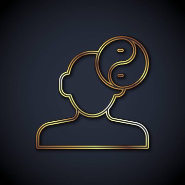 Altın çizgili Yin Yang sembolü armoni ve denge simgesi siyah arkaplanda izole edilmiş. Vektör