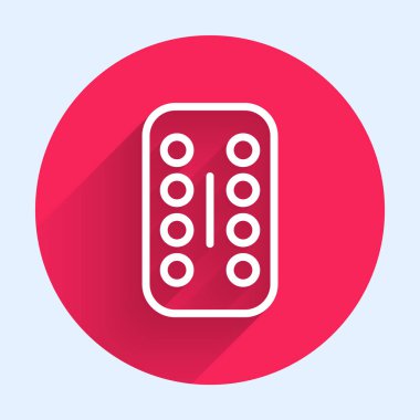 Uzun gölgeli beyaz çizgi sakinleştirici hap ikonu. Kırmızı daire düğmesi. Vektör