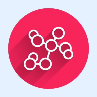 Beyaz çizgi kimyasal formül ikonu uzun gölge arkaplanı ile izole edildi. Yenilikçi tıp, sağlık, araştırma ve bilim için soyut altıgen. Kırmızı daire düğmesi. Vektör