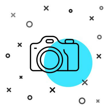 Siyah çizgi fotoğraf makinesi simgesi beyaz arkaplanda izole edildi. Foto kamera. Dijital fotoğrafçılık. Rastgele dinamik şekiller. Vektör