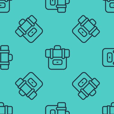 Siyah çizgi Yürüyüş sırt çantası simgesi yeşil arka planda izole edilmiş kusursuz desen. Kamp ve dağ gezisi sırt çantası. Vektör