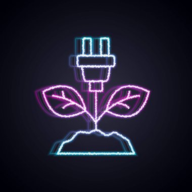 Siyah arkaplanda izole edilmiş yaprak simgesinde parlayan neon hattı elektrik kaydediliyor. Elektrik tasarrufu. Çevresel koruma. Biyolojik enerji. Vektör
