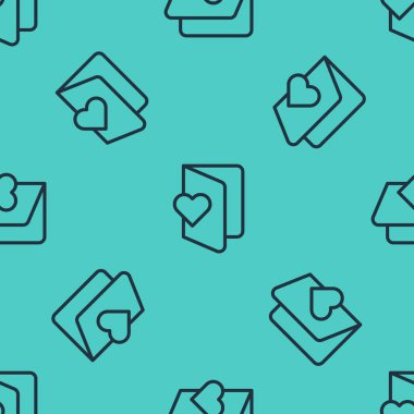 Sevgililer Günü broşüründe kalp ikonu olan siyah çizgi yeşil arka planda kusursuz desen var. Kutlama için davetiye ya da tebrik kartı şablonu. Vektör