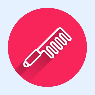 Beyaz çizgi saç fırçası ikonu uzun gölge arkaplan izole. Taraklı saç işareti. Berber sembolü. Kırmızı daire düğmesi. Vektör