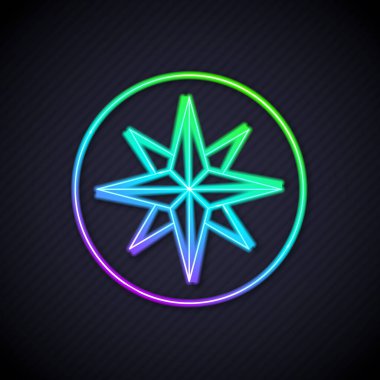 Parlayan neon çizgisi. Rüzgar simgesi siyah arkaplanda izole edilmiş. Seyahat için pusula simgesi. Navigasyon tasarımı. Vektör