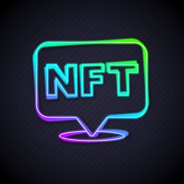 Parlayan neon hattı NFT dijital şifreleme resim simgesi siyah arkaplanda izole edildi. Para iadesi olmayan jeton. Vektör