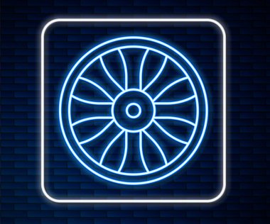 Duvarın arka planında izole edilmiş araba ikonu için parlak neon hat alloy tekerleği. Vektör