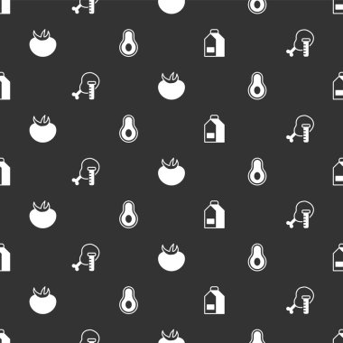 Süt için kağıt paketi, genetiği değiştirilmiş tavuk, domates ve Avokado meyveleri kusursuz desenli. Vektör