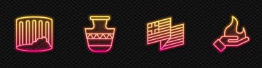 Yunanistan ulusal bayrağı, Antik sütun, amfora ve El ateş tutuyor. Parlayan neon ikonu. Vektör