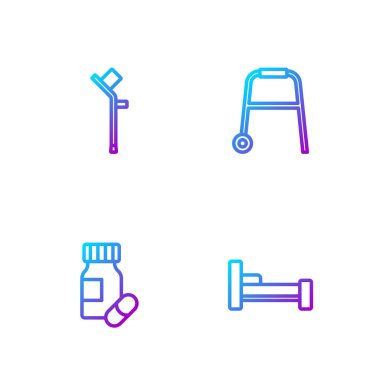 Yatak, ilaç şişesi ve haplar, koltuk değneği ya da koltuk değneği ve Walker. Renk simgeleri. Vektör