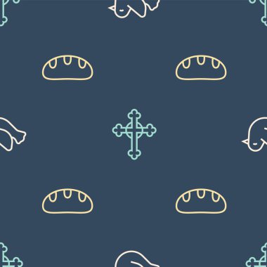 Güvercin, ekmek ve Hristiyan haçını kusursuz desenlere ayarlayın. Vektör