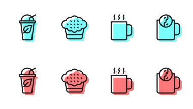 Bir bardak çay, yaprak, kek ve çay ikonu. Vektör