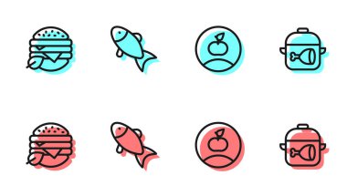 Apple, vejetaryen yemek diyeti, Fish and Cooking pot ve tavuk budu ikonu. Vektör
