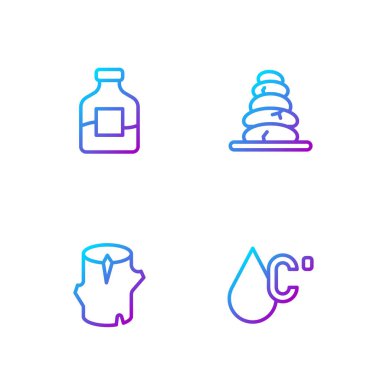 Hattı ayarla. Su sıcaklığı, tahta kütük, votka şişesi ve sıcak taşlar. Renk simgeleri. Vektör