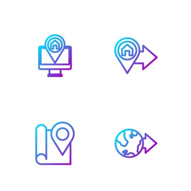 Dünya üzerinde çizgi konumunu, konum işaretleyicisi, monitörü ve evi olan katlanmış haritayı ayarla. Renk simgeleri. Vektör