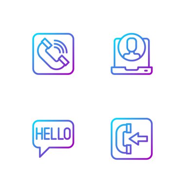 Hattı ayarla, gelen arama telefonu, merhaba farklı diller, telefon ahizesi ve 24 saat destek. Renk simgeleri. Vektör