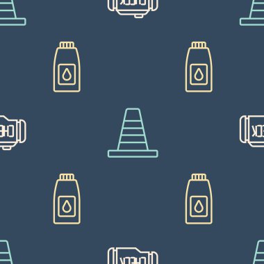 Hat kontrolü motoru, motor yağı tenekesi ve trafik konisi için kusursuz desen ayarlayın. Vektör