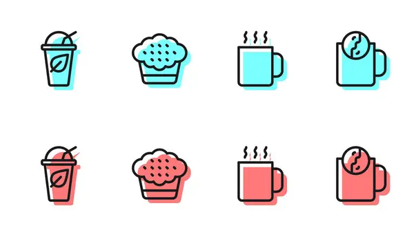 Set Line Cup Tea Leaf Muffin Tea Time Icon Vector — Stock Vector
