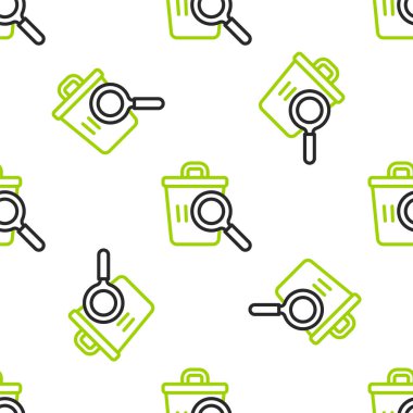 Sokaklardaki çöp tenekelerinde yiyecek arama hattı beyaz arka planda izole edilmiş ikon. Evsizlik ve yoksulluk kavramı. Vektör