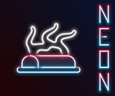 Parlayan neon hattı Kamp Ateşi simgesi siyah arka planda izole edildi. Odunla yanan şenlik ateşi. Renkli taslak konsepti. Vektör