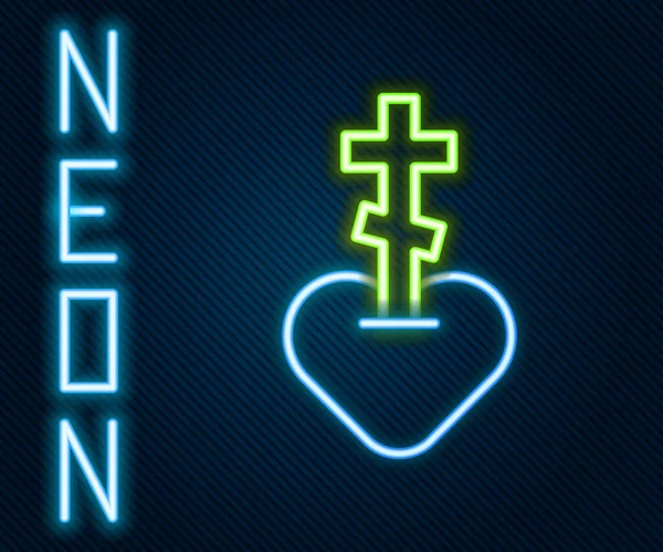 Línea Neón Brillante Cruz Religiosa Corazón Icono Interior Aislado Sobre — Vector de stock