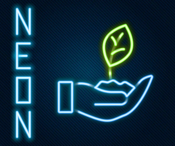 Glödande Neon Line Växt Hand Med Miljöskyddsikonen Isolerad Svart Bakgrund — Stock vektor