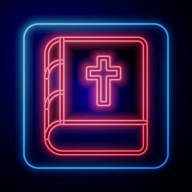 Siyah arka planda izole edilmiş parlak neon kutsal kitap ikonu. Vektör.