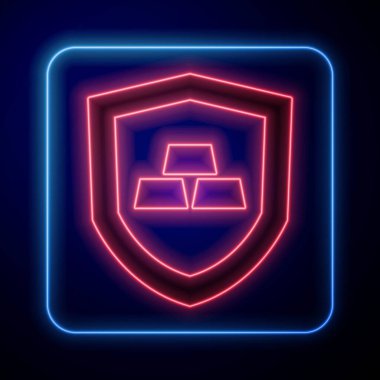 Siyah arka planda izole edilmiş kalkan simgesi olan parlak neon sarısı çubuklar. Bankacılık işi konsepti. Vektör