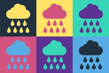 Renk arkaplanında yağmur ikonu olan pop sanat bulutu. Yağmur damlaları ile yağmur bulutu yağışı. Vektör