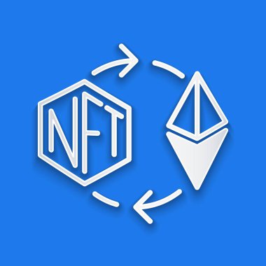 Kağıt kesiği Ethereum takas simgesi mavi arkaplanda izole edildi. Para iadesi olmayan jeton. Dijital kripto sanat konsepti. Kağıt sanatı tarzı. Vektör