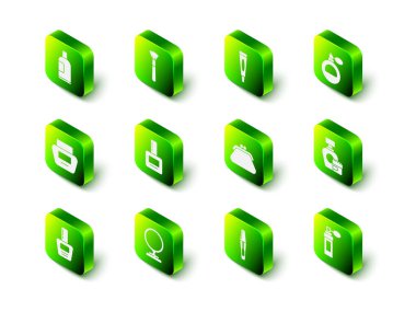 Makyaj fırçası, krem ya da losyon kozmetik tüpü, parfüm, debriyaj çantası, maskara ve yuvarlak makyaj aynası ikonu hazırlayın. Vektör