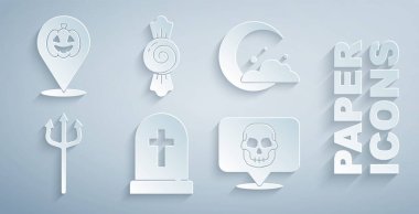 Tombstone 'u haç, Ay ve yıldızlar, Neptune Mızrağı, Kafatası, Şeker ve Balkabağı ikonu ile belirleyin. Vektör